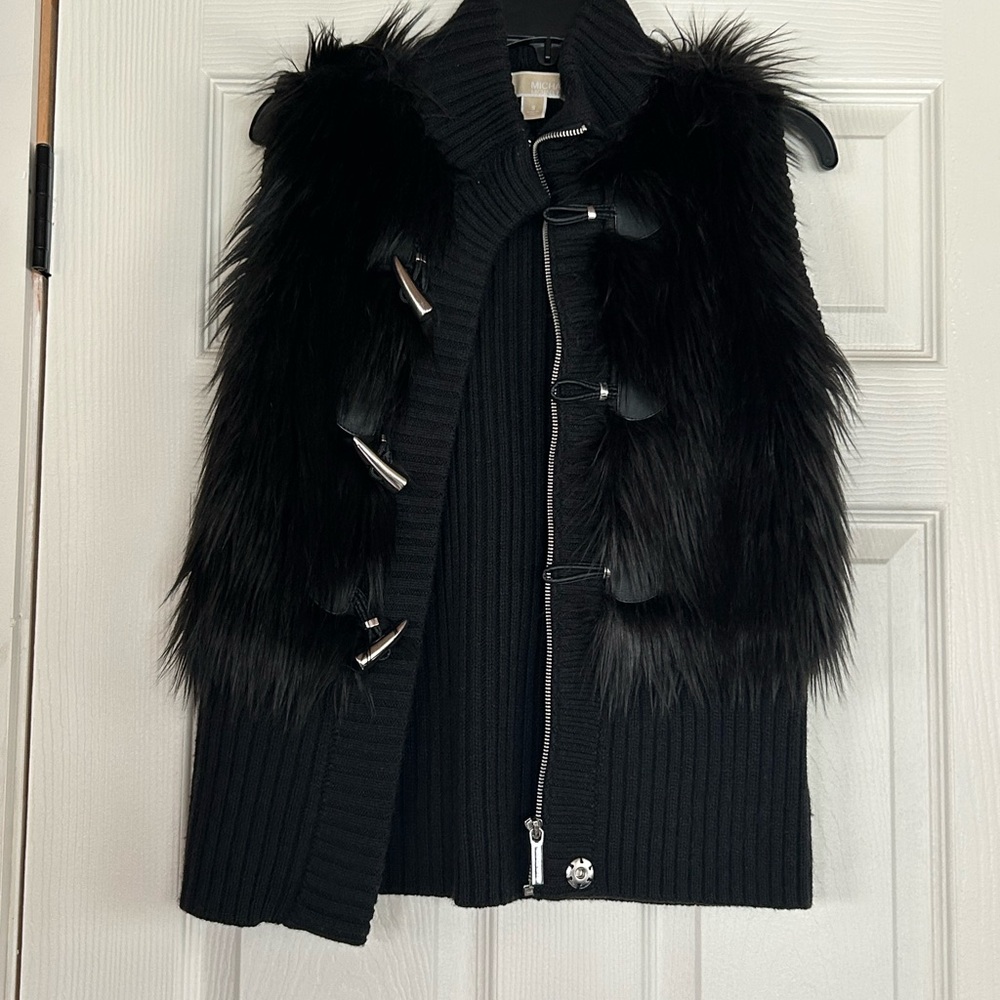 MICHAEL Michael Kors Black Faux Fur Vest with Toggle Closures
